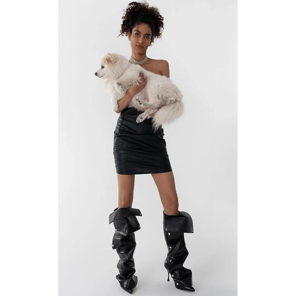 Boots Knee High Women's 9.5 Black Detachable Front Panel‎ 2-Way Stiletto Pointy